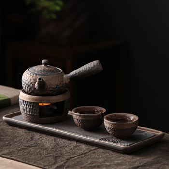 Set de ceai Kung Fu din ceramică brută, ceainic și farfurie de ceai, stil japonez pentru doi