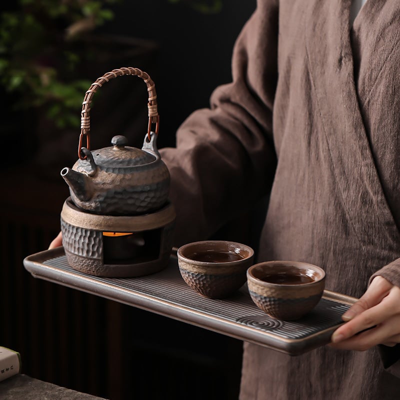 Set de ceai Kung Fu din ceramică brută, ceainic și farfurie de ceai, stil japonez pentru doi