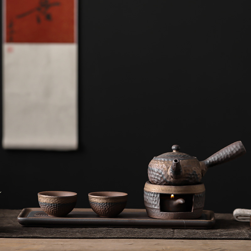 Set de ceai Kung Fu din ceramică brută, ceainic și farfurie de ceai, stil japonez pentru doi