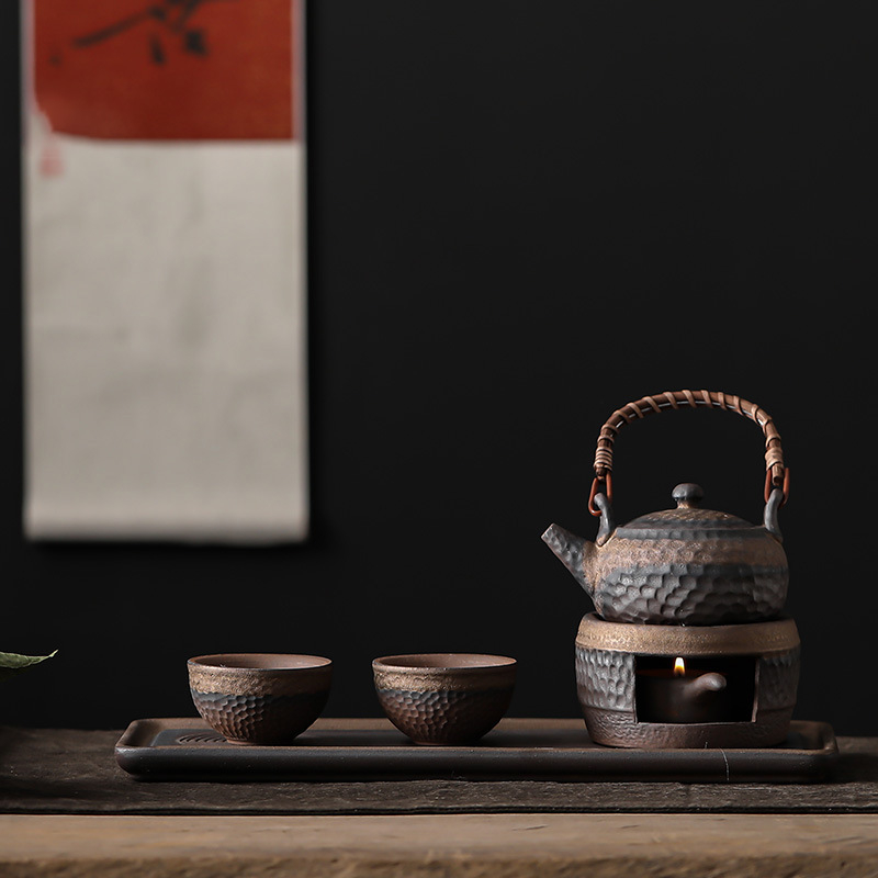 Set de ceai Kung Fu din ceramică brută, ceainic și farfurie de ceai, stil japonez pentru doi