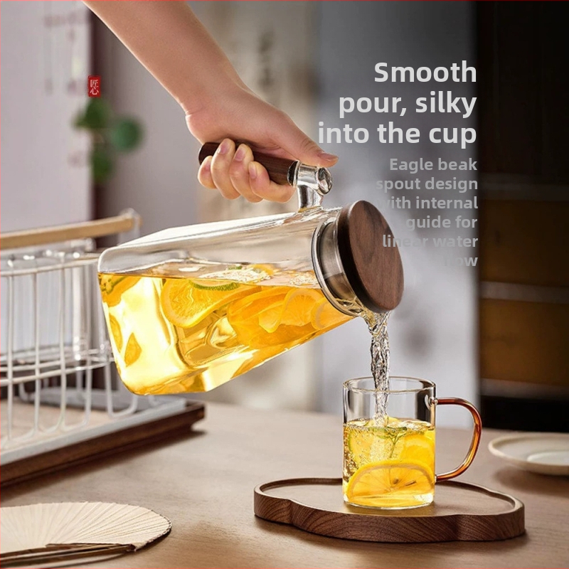 Set de carafă din sticlă pentru apă rece, rezistent la temperaturi înalte, mare capacitate pentru uz casnic; include cană pentru apă rece, ceainic pentru infuzie și recipient pentru ceai de fructe.