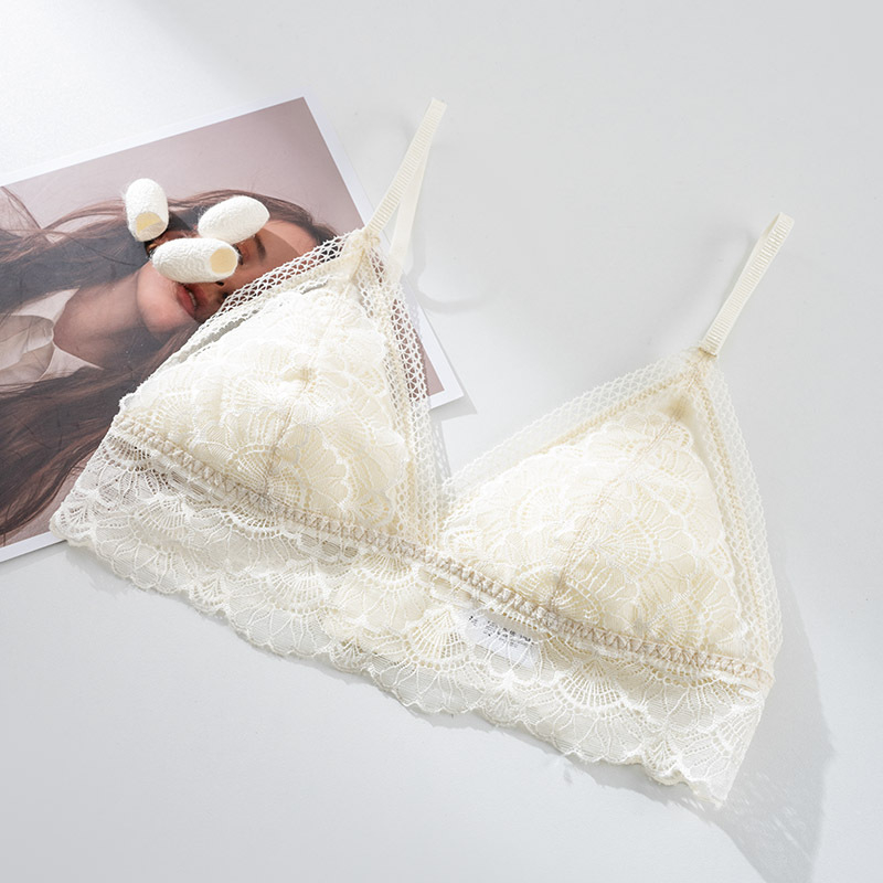 Tangge Sutien din mătase de dud, stil franțuzesc romantic, cupă triunghiulară, spate frumos, dantelă, ultra-subțire, fără sârmă