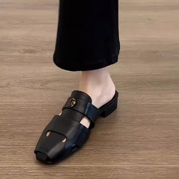 Versiune din piele de miel: Papuci damă cu vârf închis, stil franțuzesc retro, piele autentică, sandale casual cu design de nișă