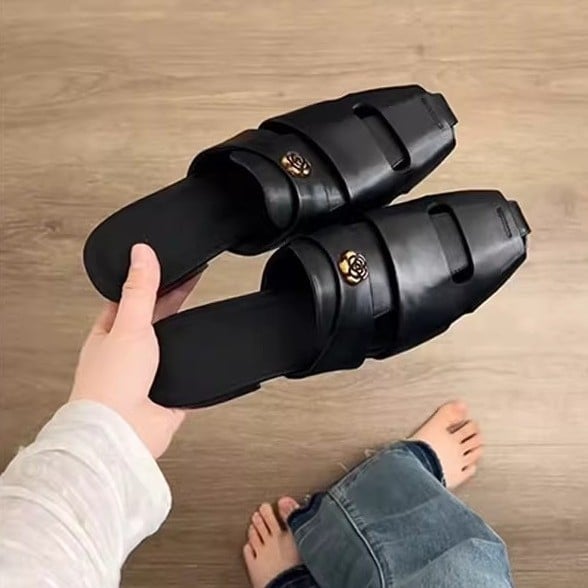 Versiune din piele de miel: Papuci damă cu vârf închis, stil franțuzesc retro, piele autentică, sandale casual cu design de nișă