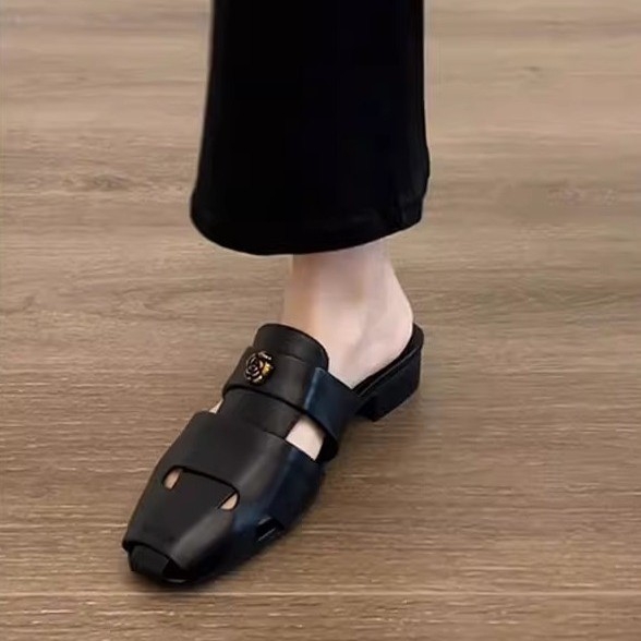 Versiune din piele de miel: Papuci damă cu vârf închis, stil franțuzesc retro, piele autentică, sandale casual cu design de nișă