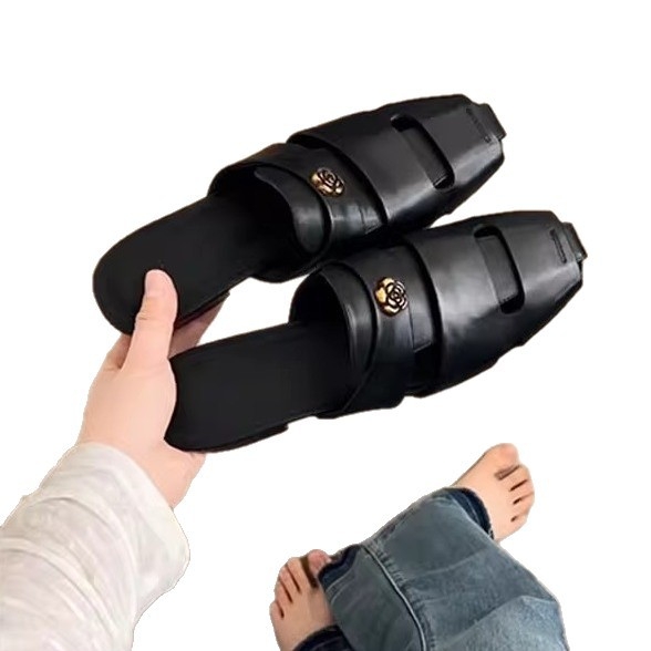 Versiune din piele de miel: Papuci damă cu vârf închis, stil franțuzesc retro, piele autentică, sandale casual cu design de nișă