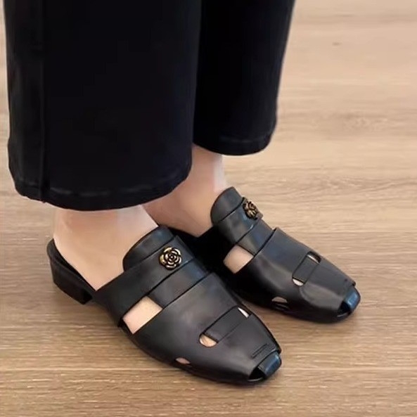 Versiune din piele de miel: Papuci damă cu vârf închis, stil franțuzesc retro, piele autentică, sandale casual cu design de nișă