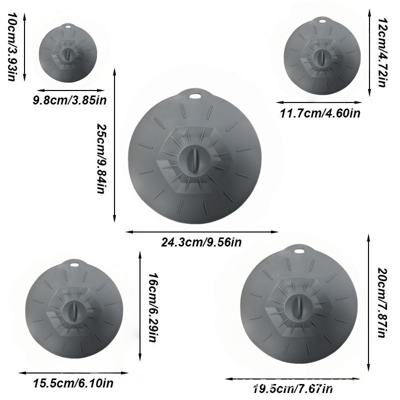 Set de cinci capace din silicon alimentar, gri, pentru sigilare și conservare, în dimensiuni multiple