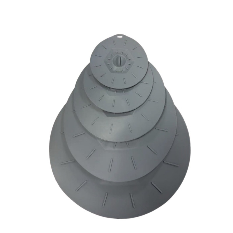 Set de cinci capace din silicon alimentar, gri, pentru sigilare și conservare, în dimensiuni multiple