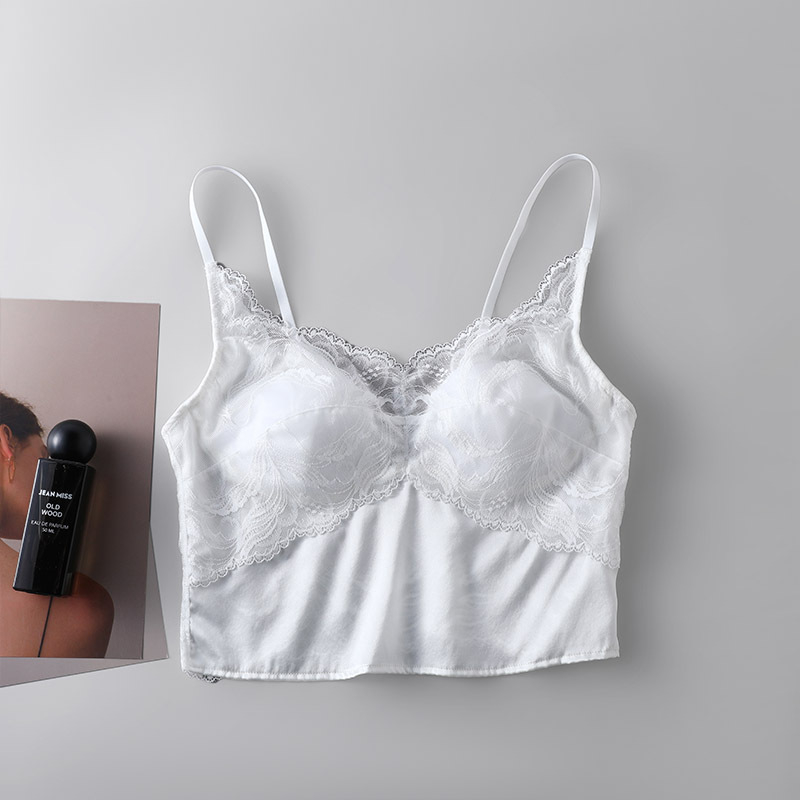 Top din mătase satinată cu dantelă, decolteu în V, fără sutien, mătase de mulberry, croială subțire, spate elegant