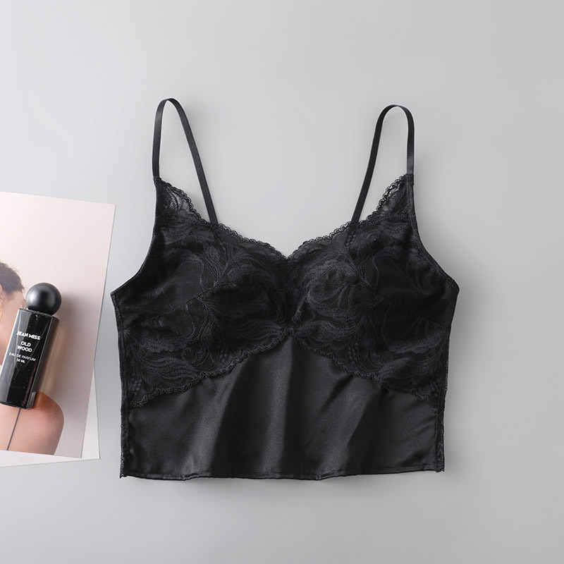 Top din mătase satinată cu dantelă, decolteu în V, fără sutien, mătase de mulberry, croială subțire, spate elegant