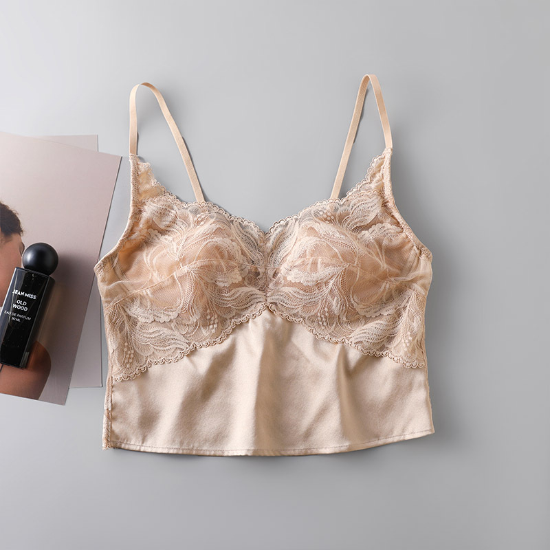 Top din mătase satinată cu dantelă, decolteu în V, fără sutien, mătase de mulberry, croială subțire, spate elegant