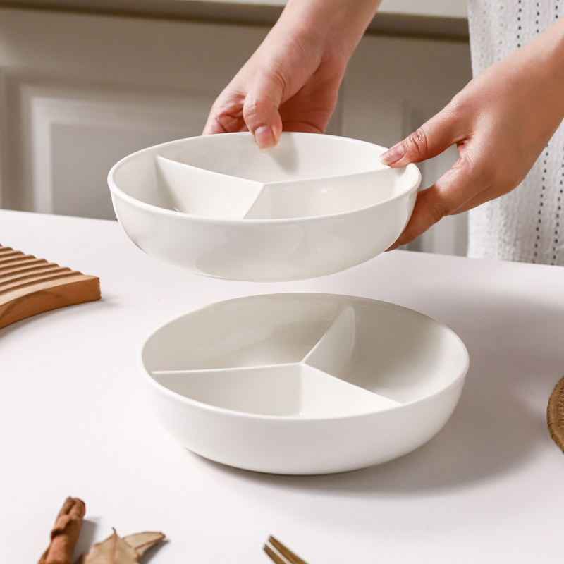 Farfurie ceramică cu trei compartimente pentru uz casnic, farfurie de mic dejun, potrivită pentru gătit cu orez și gătit la aburi