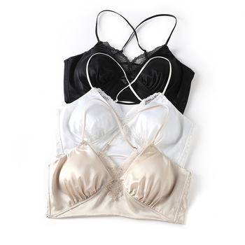 Sutien din satin de mătase mulberry, spate încrucișat, dantelă, fără sârmă metalică