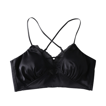 Sutien din satin de mătase mulberry, spate încrucișat, dantelă, fără sârmă metalică