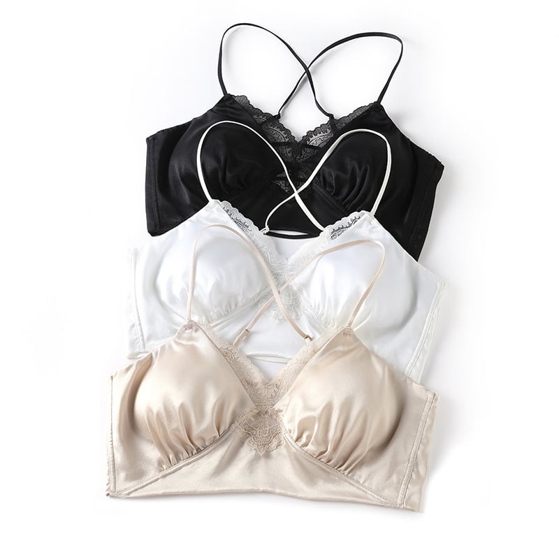 Sutien din satin de mătase mulberry, spate încrucișat, dantelă, fără sârmă metalică