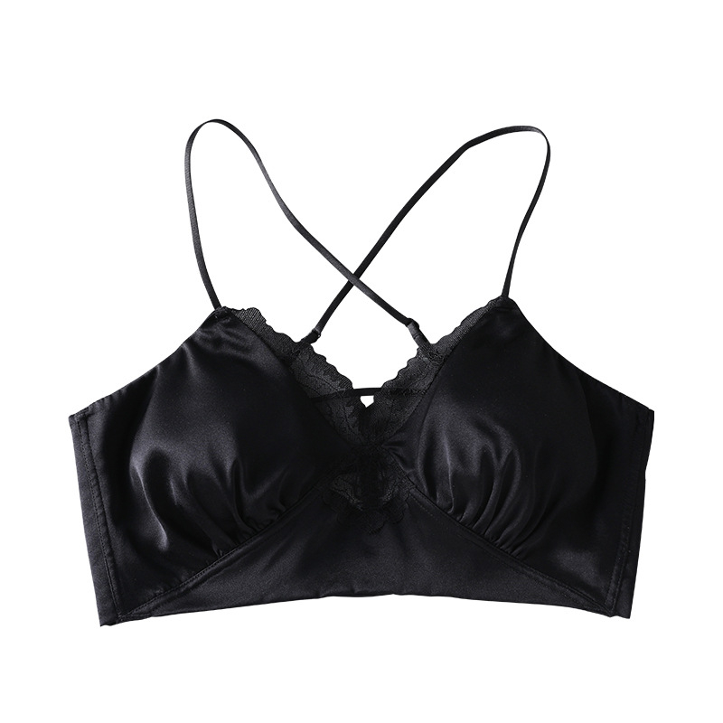Sutien din satin de mătase mulberry, spate încrucișat, dantelă, fără sârmă metalică