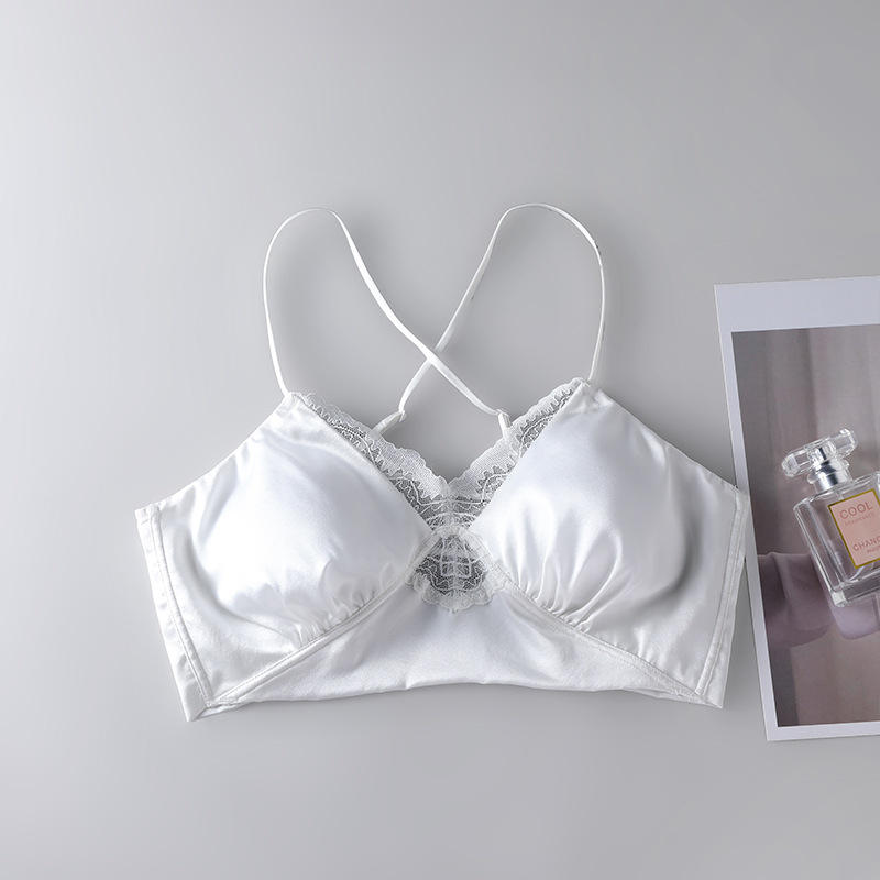 Sutien din satin de mătase mulberry, spate încrucișat, dantelă, fără sârmă metalică