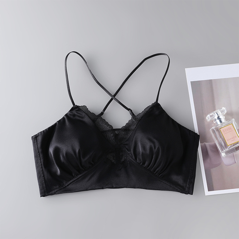 Sutien din satin de mătase mulberry, spate încrucișat, dantelă, fără sârmă metalică