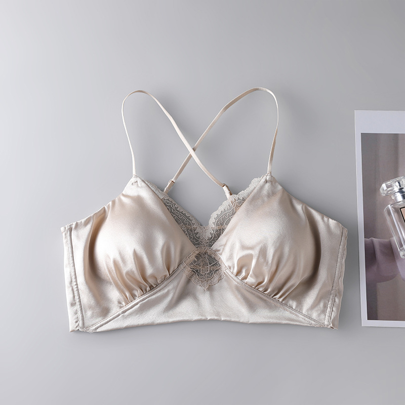 Sutien din satin de mătase mulberry, spate încrucișat, dantelă, fără sârmă metalică