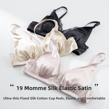 Tangge Lenjerie din satin de mătase cu elasticitate, decolteu în V, stil franțuzesc, dantelă din mătase Mulberry, sutien fără fir cu susținere laterală a sânilor