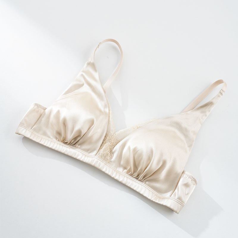 Tangge Lenjerie din satin de mătase cu elasticitate, decolteu în V, stil franțuzesc, dantelă din mătase Mulberry, sutien fără fir cu susținere laterală a sânilor