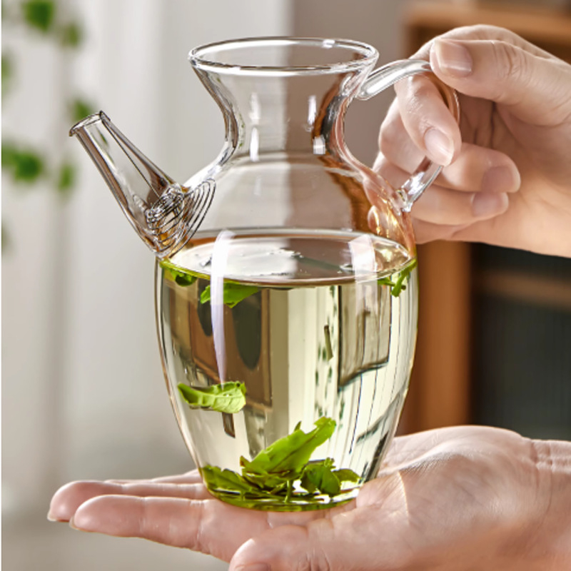 Ceainic de sticlă inspirat de dinastia Song, cu filtru integrat pentru ceai verde, set de ceai cu divizor și ceașcă de servire comună