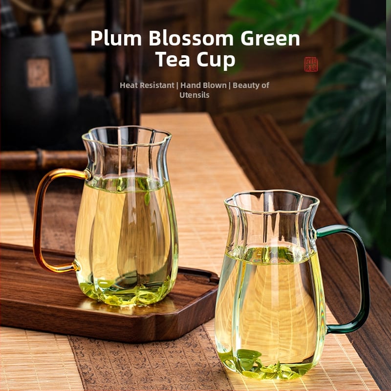 Ceai verde cu floare de prune, 350 ml, mâner, sticlă borosilikat rezistentă la temperaturi înalte