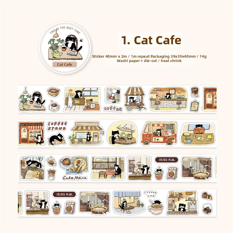 Bandă washi Twilight cu decupaj, motif Cat Café, pentru jurnal DIY și colaje de artă