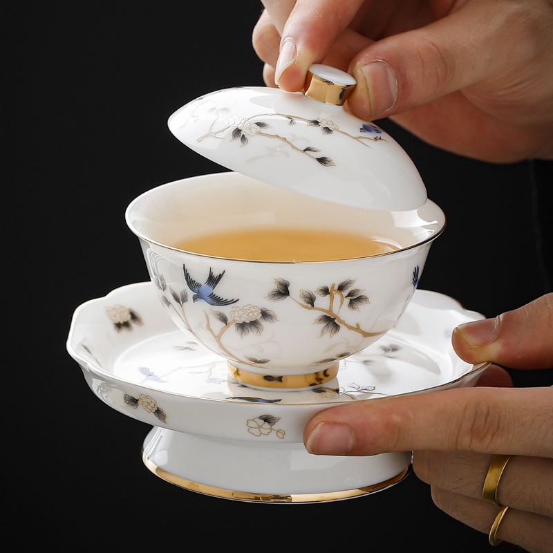 Set Kung Fu de ceai din porțelan Shishang Xuan, cu cești și boluri cu capac și decor aurit, cadou ceramic