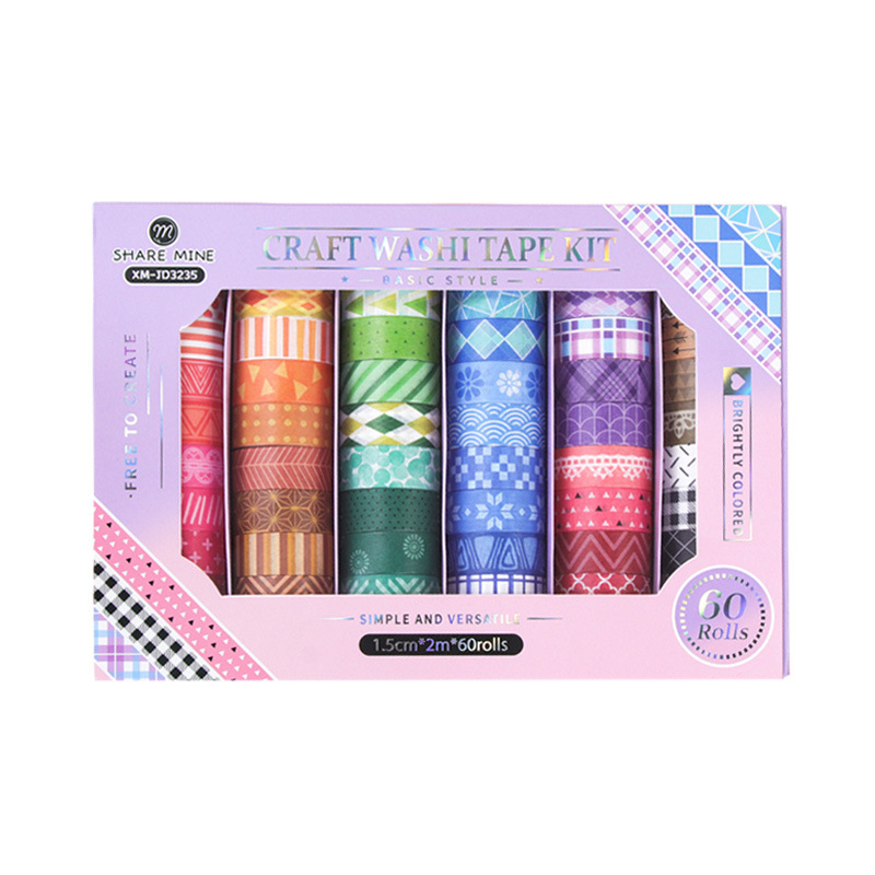 Set de 60 role de bandă washi, modele florale geometrice, pentru journaling și proiecte DIY