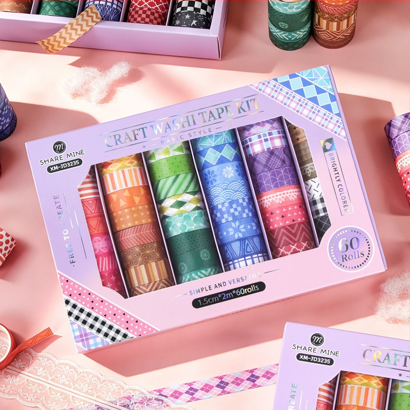 Set de 60 role de bandă washi, modele florale geometrice, pentru journaling și proiecte DIY
