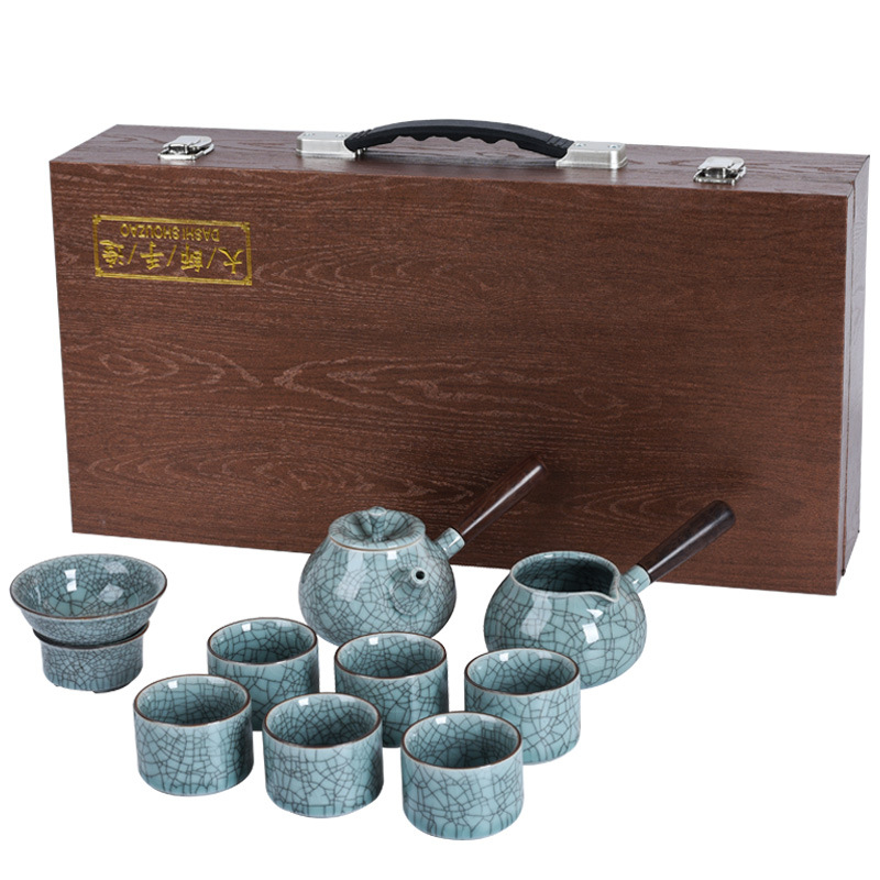 Ceainic ceramic Ge Ware cu glazură crackle și mâner lateral, set de ceai Kung Fu într-o cutie cadou din lemn, personalizare logo disponibil, stil luxos ușor