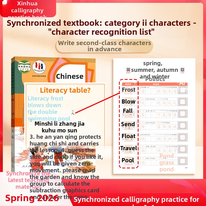 Xinhua Caiet de Copiere pentru Caractere Chineze pentru Clasele 1–6, Semestrul al Doilea, Practică de Scriere Chinezească, Caractere din Categoriile I și II, Ediția People’s Education Press
