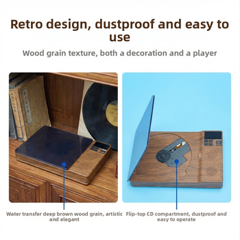 Player CD retro cu aspect lemnos, dispozitiv de ascultare și repetare a limbii engleze pentru elevi, redare USB și difuzor Bluetooth.