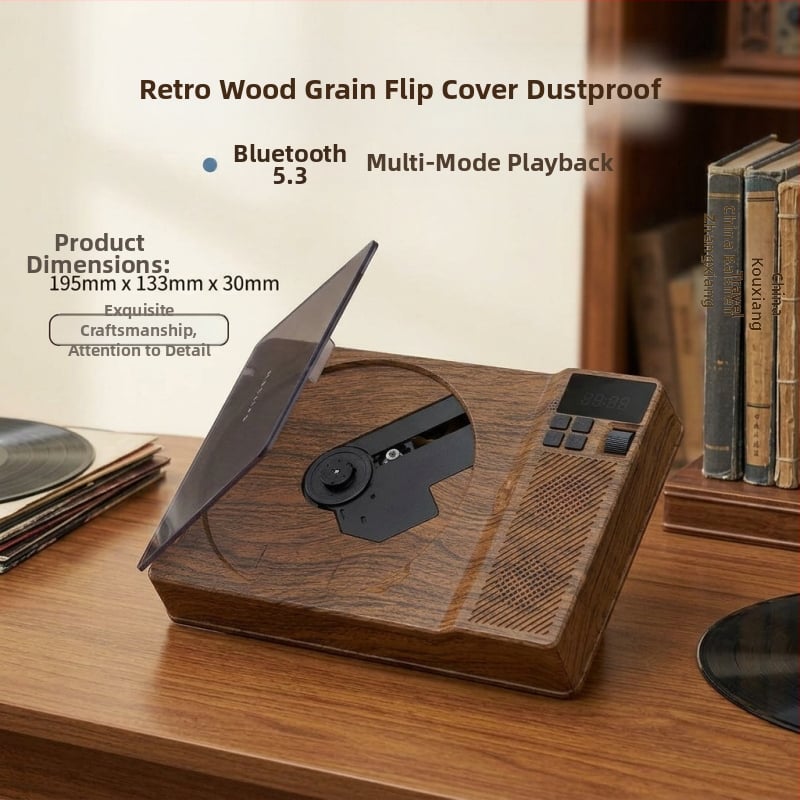 Player CD retro cu aspect lemnos, dispozitiv de ascultare și repetare a limbii engleze pentru elevi, redare USB și difuzor Bluetooth.