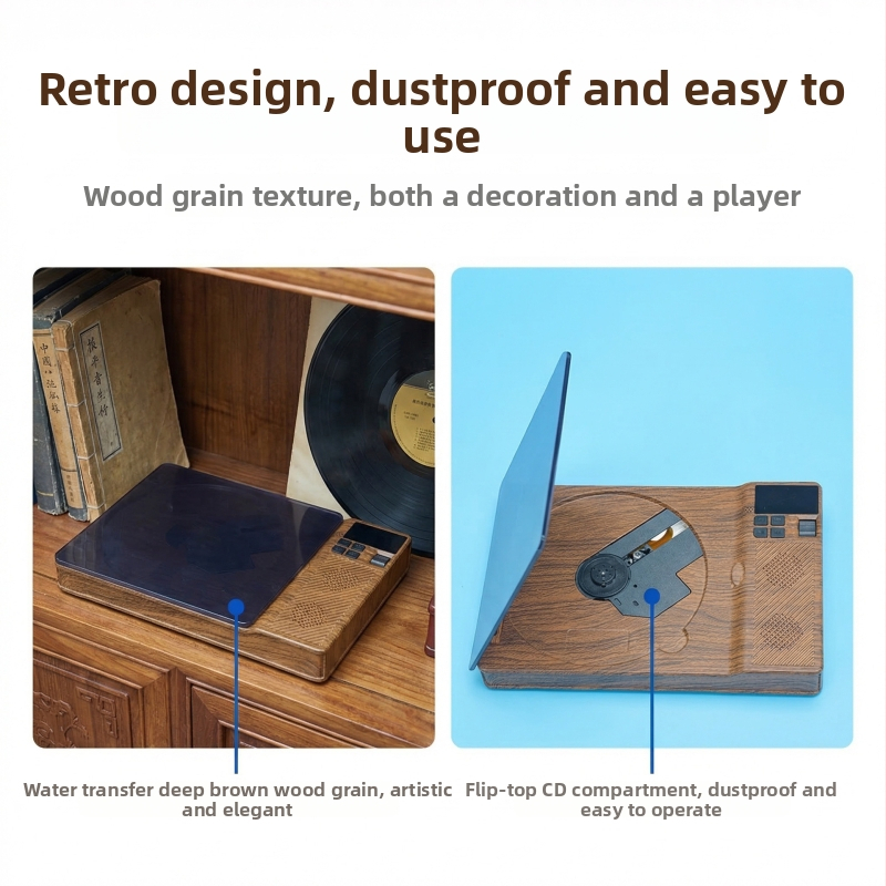 Player CD retro cu aspect lemnos, dispozitiv de ascultare și repetare a limbii engleze pentru elevi, redare USB și difuzor Bluetooth.