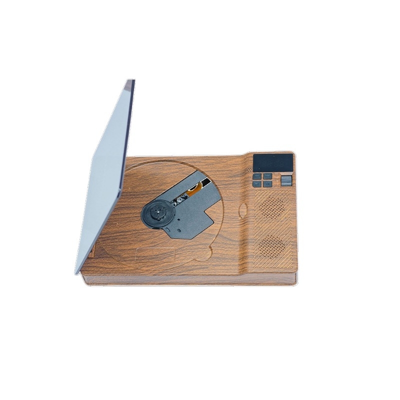 Player CD retro cu aspect lemnos, dispozitiv de ascultare și repetare a limbii engleze pentru elevi, redare USB și difuzor Bluetooth.