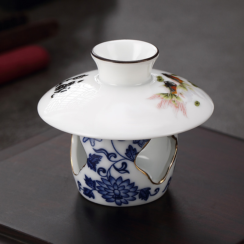 Capac ceramic pentru ceainic și suport pentru capac, porțelan alb cu decor albastru și auriu, accesorii pentru ceremonia ceaiului