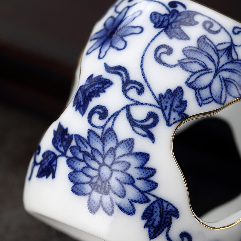 Capac ceramic pentru ceainic și suport pentru capac, porțelan alb cu decor albastru și auriu, accesorii pentru ceremonia ceaiului