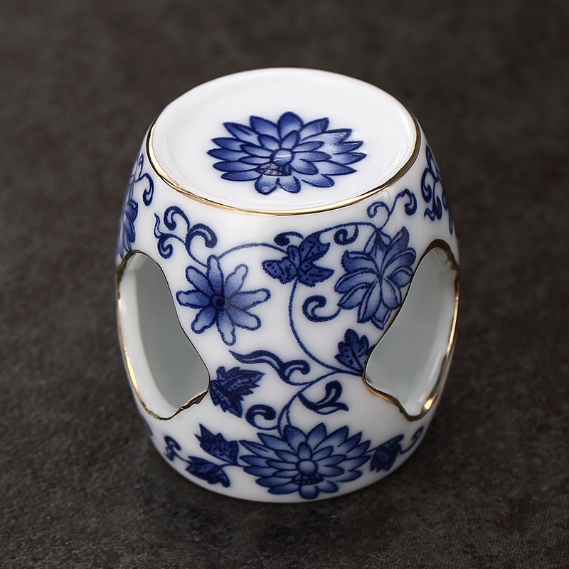 Capac ceramic pentru ceainic și suport pentru capac, porțelan alb cu decor albastru și auriu, accesorii pentru ceremonia ceaiului