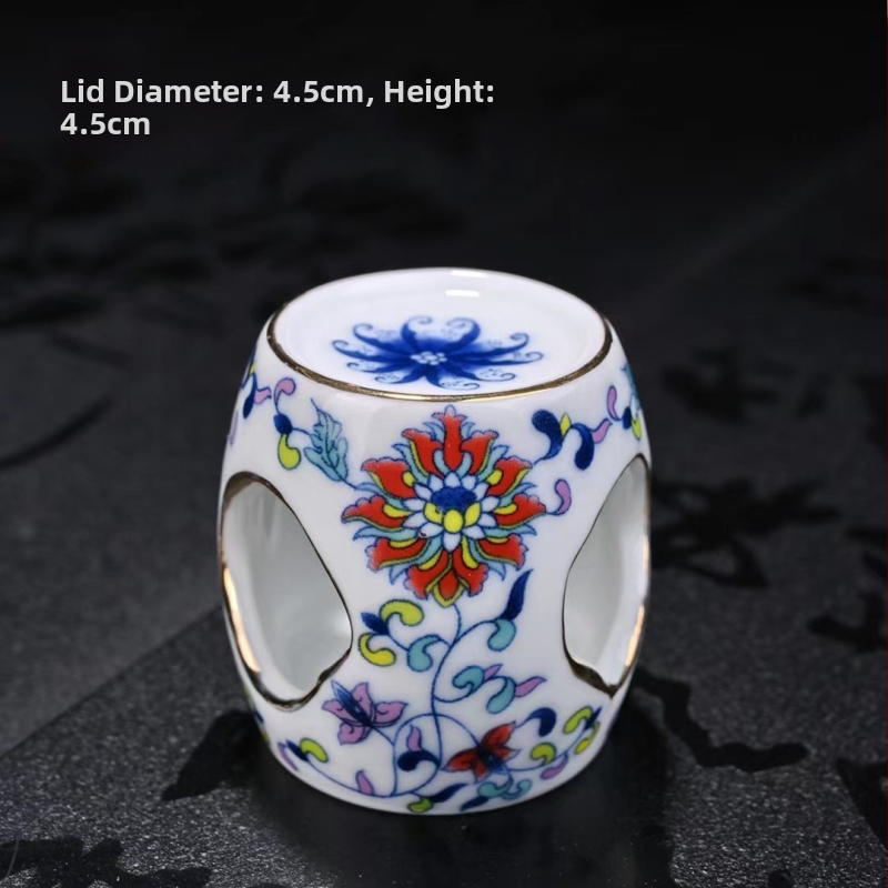 Keramické viečko a držiak na viečko na čajník, biely porcelán s modro-zlatou dekoráciou, príslušenstvo pre čajový obrad