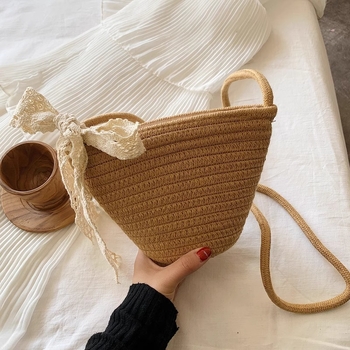 Geantă de damă din fir de bumbac țesut, geantă crossbody de tip bucket pentru vacanțe la plajă