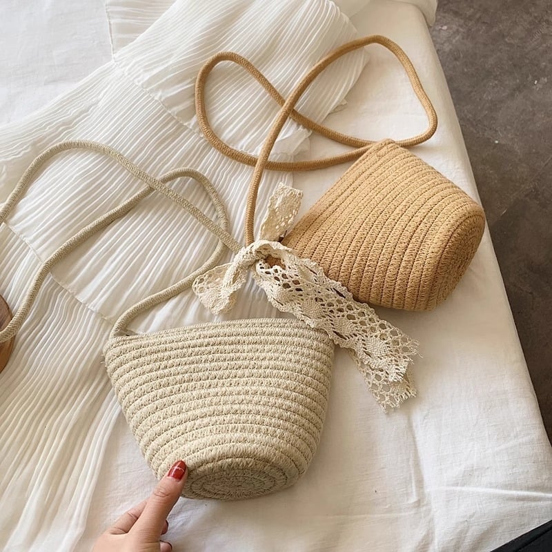 Geantă de damă din fir de bumbac țesut, geantă crossbody de tip bucket pentru vacanțe la plajă