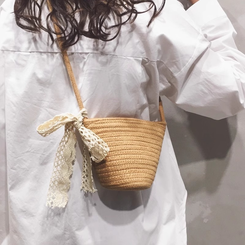 Geantă de damă din fir de bumbac țesut, geantă crossbody de tip bucket pentru vacanțe la plajă