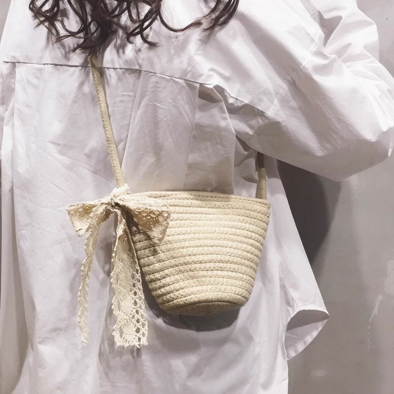 Geantă de damă din fir de bumbac țesut, geantă crossbody de tip bucket pentru vacanțe la plajă