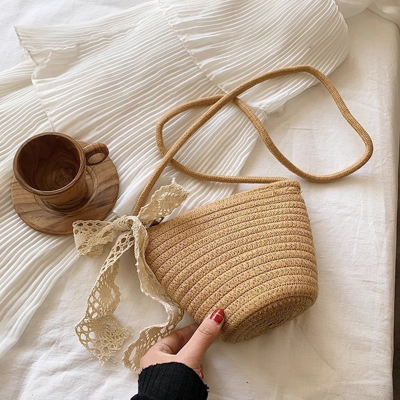 Geantă de damă din fir de bumbac țesut, geantă crossbody de tip bucket pentru vacanțe la plajă