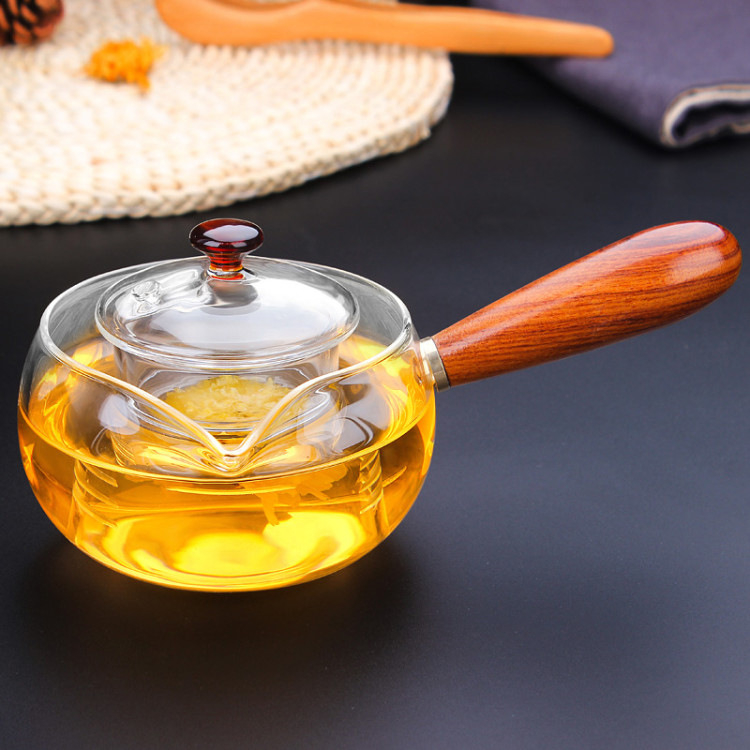 Ceainic Gongfu din sticlă borosilicat cu mâner lateral și mâner din lemn