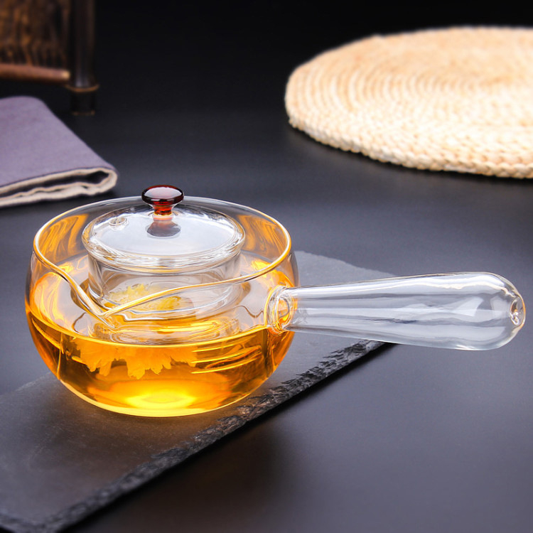 Ceainic Gongfu din sticlă borosilicat cu mâner lateral și mâner din lemn