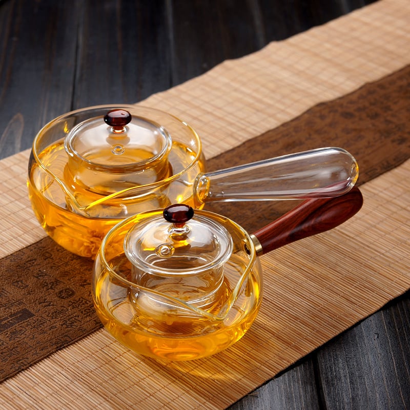 Ceainic Gongfu din sticlă borosilicat cu mâner lateral și mâner din lemn